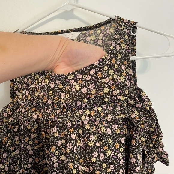 LC LAUREN CONRAD Ruffle Cold Shoulder Top Black Lilac Lavender Multi Floral Boho - Picture 5 of 12